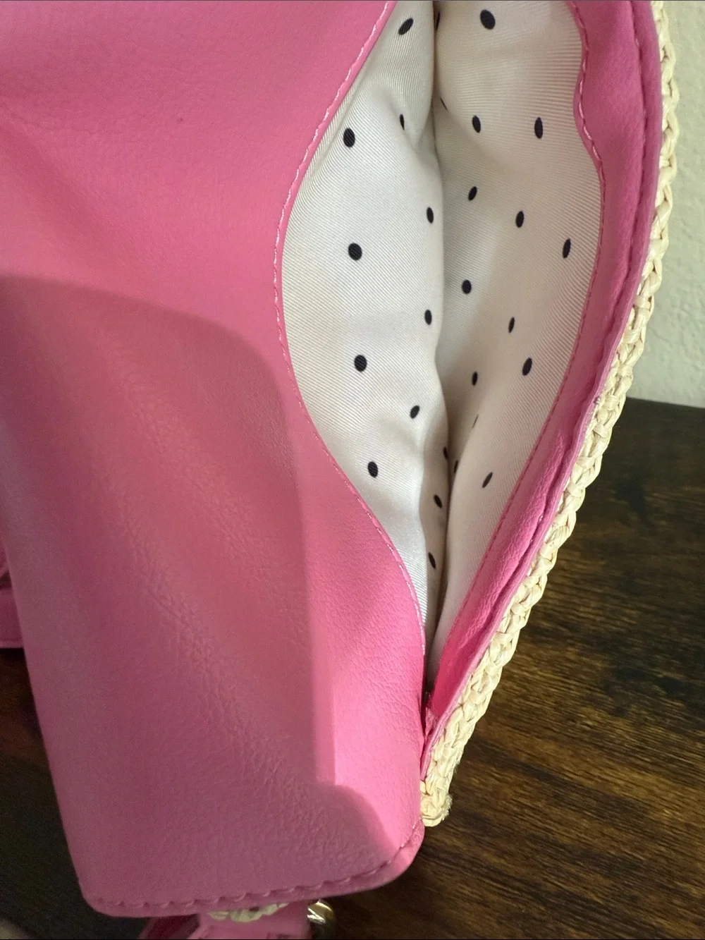Pink Woven Crossbody Bag with Faux Leather Trim